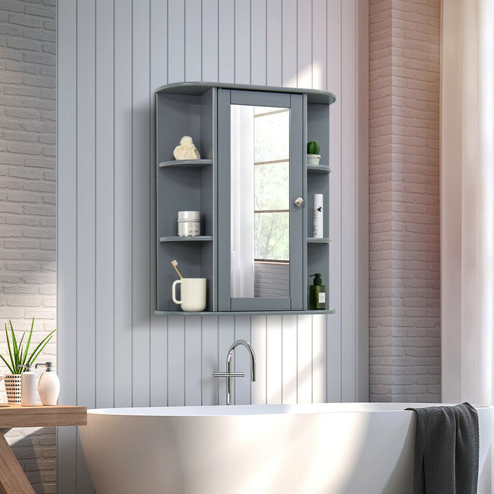 Costway Single Door Shelves Wall Mount Cabinet Bathroom Cabinet W/ Mirror Grey Image 1