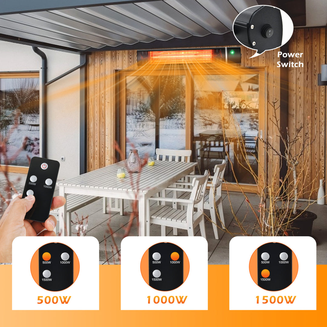 Wall-Mounted Patio Heater 750W/1500W Infrared Heater with 9-Level Adjustable 24H Timer and Remote Control Black Image 8