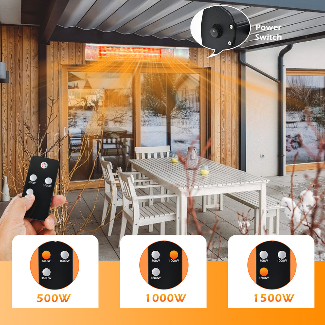 Wall-Mounted Patio Heater 750W/1500W Infrared Heater with 9-Level Adjustable 24H Timer and Remote Control Silver Image 7