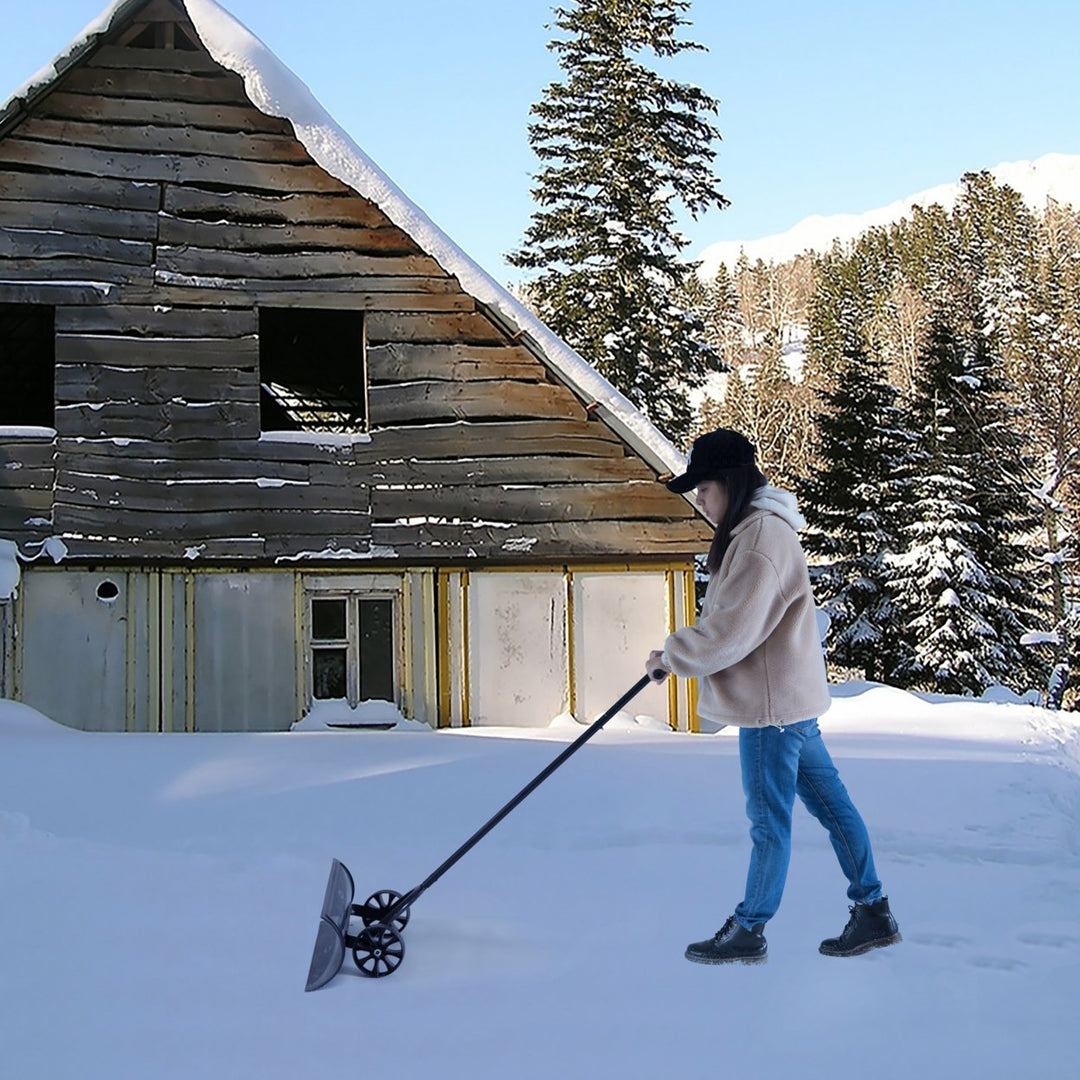 Heavy Duty Black Snow Shovel with Wheels 29.75in Wide Reinforced Blade Image 2