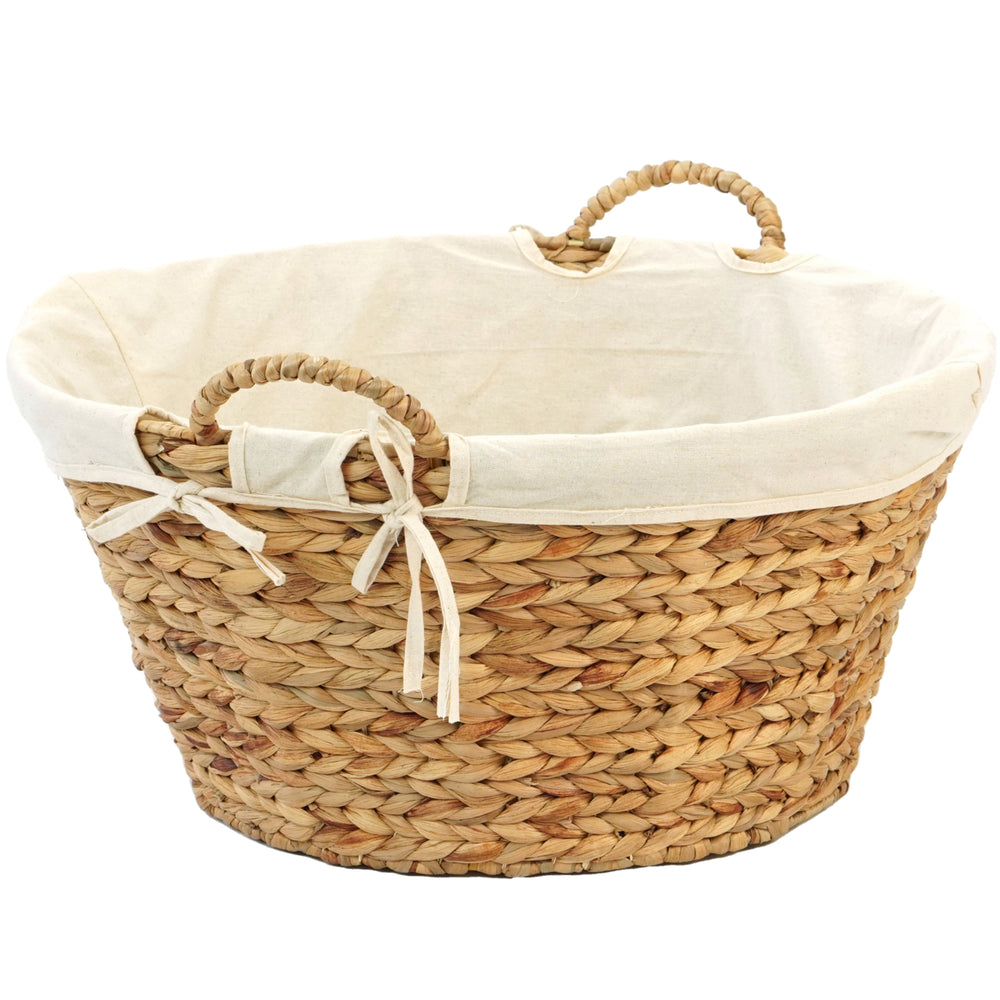 Water Hyacinth Natural Oval Wicker Laundry Basket with Handles and White Cotton Liner Image 2