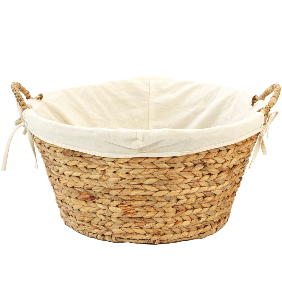 Water Hyacinth Natural Oval Wicker Laundry Basket with Handles and White Cotton Liner Image 5