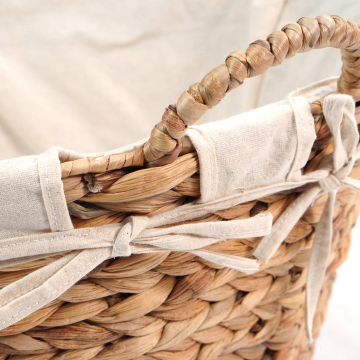 Water Hyacinth Natural Oval Wicker Laundry Basket with Handles and White Cotton Liner Image 6