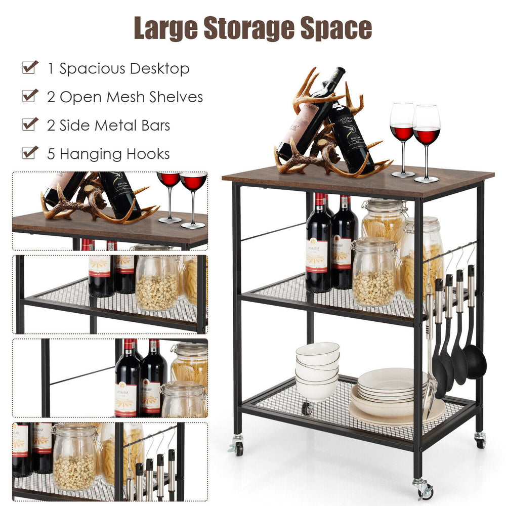 Costway 3-Tier Utility Standing Microwave Rack Kitchen Serving Cart w/ Hooks Image 2