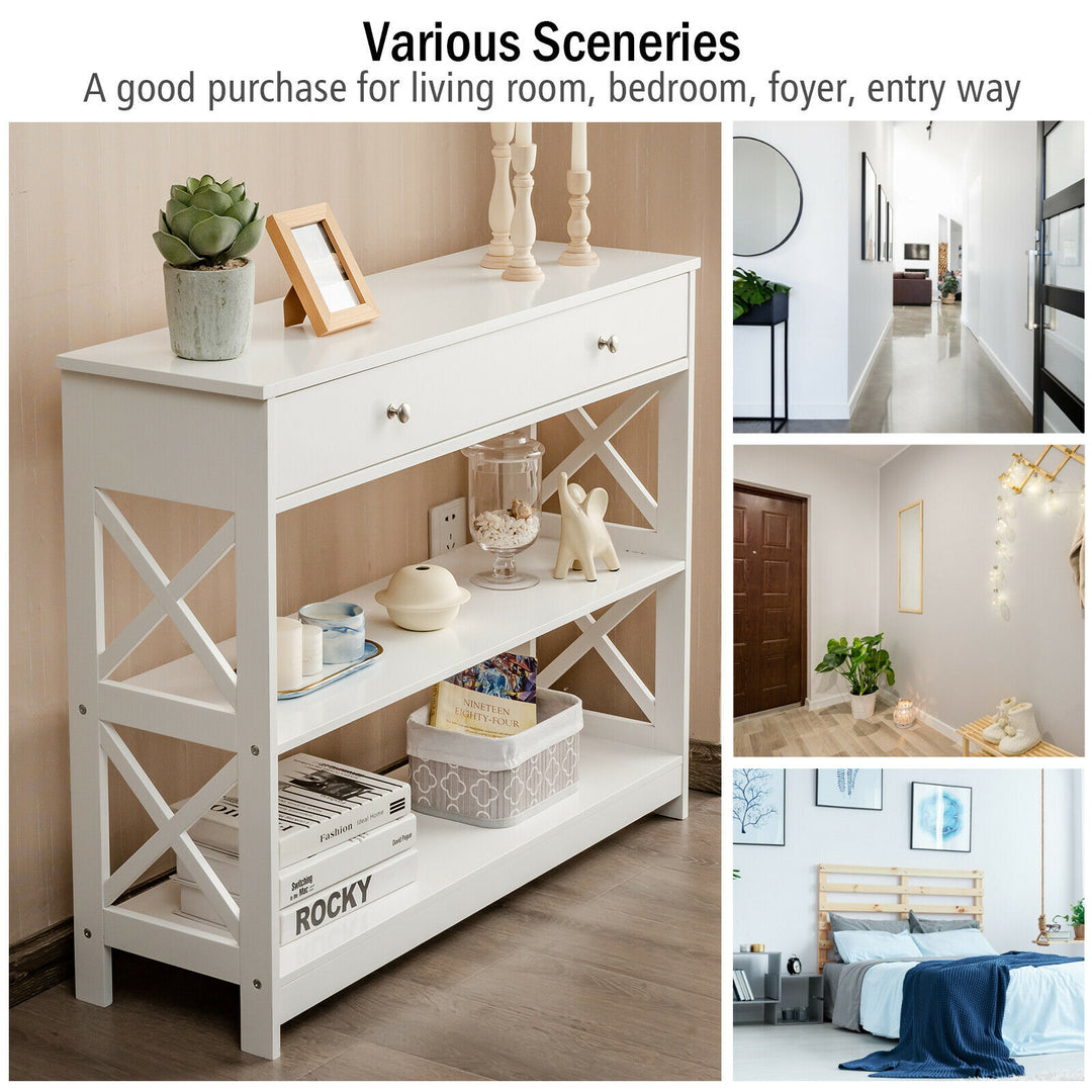 Costway Console Table Drawer Shelves Sofa Accent Table Entryway Hallway White Image 1