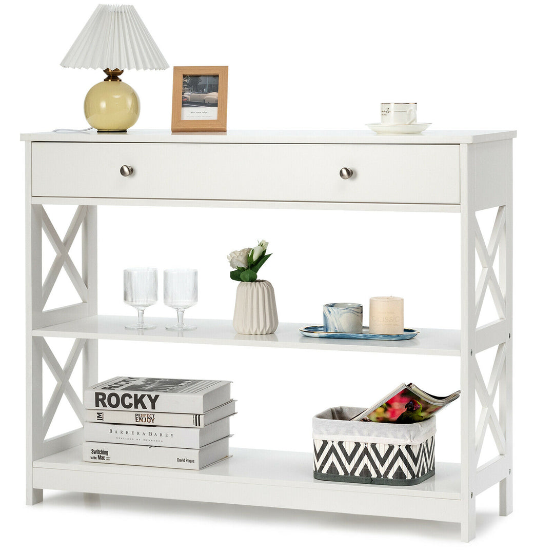 Costway Console Table Drawer Shelves Sofa Accent Table Entryway Hallway White Image 3