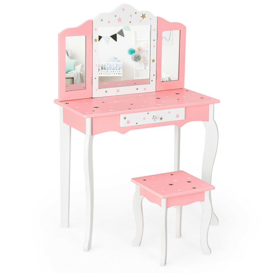 Kids Vanity Princess Makeup Dressing Table Chair Set W/ Tri-folding Mirror Image 1