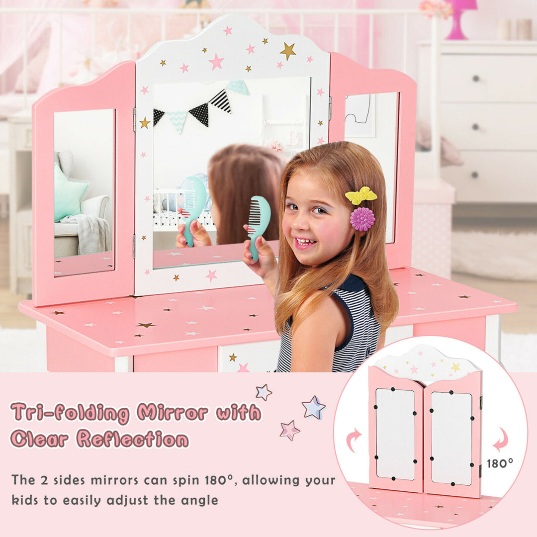 Kids Vanity Princess Makeup Dressing Table Chair Set W/ Tri-folding Mirror Image 2