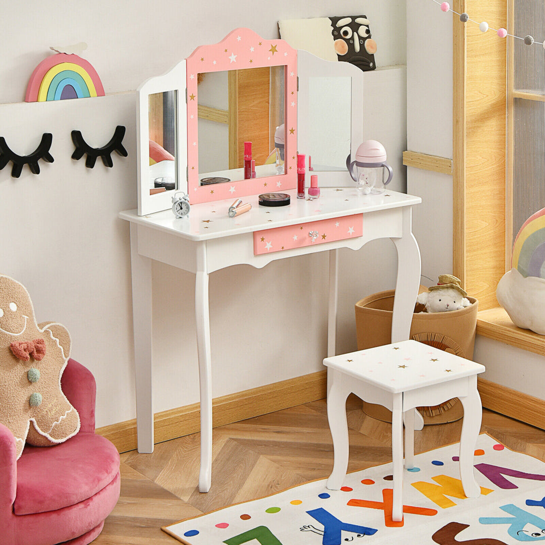 Kids Vanity Princess Makeup Dressing Table Chair Set W/ Tri-folding Mirror Image 3