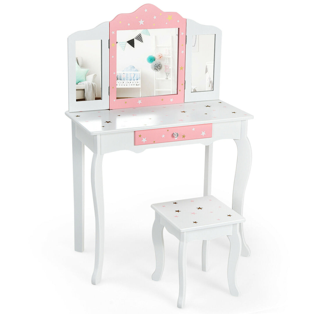 Kids Vanity Princess Makeup Dressing Table Chair Set W/ Tri-folding Mirror Image 5