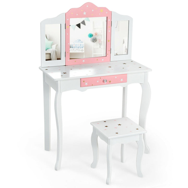 Kids Vanity Princess Makeup Dressing Table Chair Set W/ Tri-folding Mirror Image 1