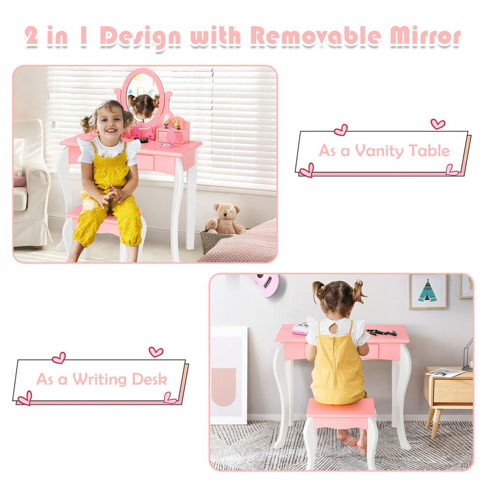 Kids Vanity Princess Makeup Dressing Table Stool Set W/ Mirror Drawer Image 2