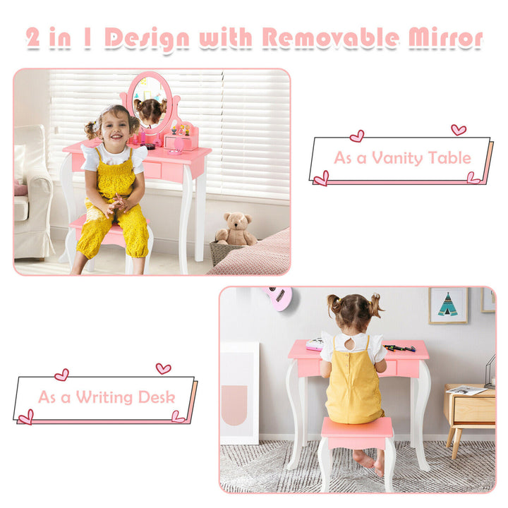 Kids Vanity Princess Makeup Dressing Table Stool Set W/ Mirror Drawer Image 2