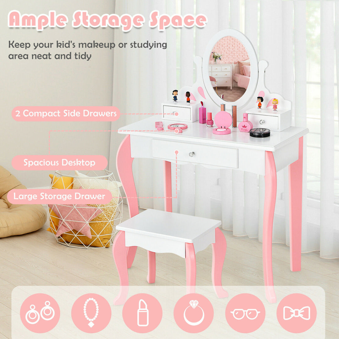 Kids Vanity Princess Makeup Dressing Table Stool Set W/ Mirror Drawer Image 3