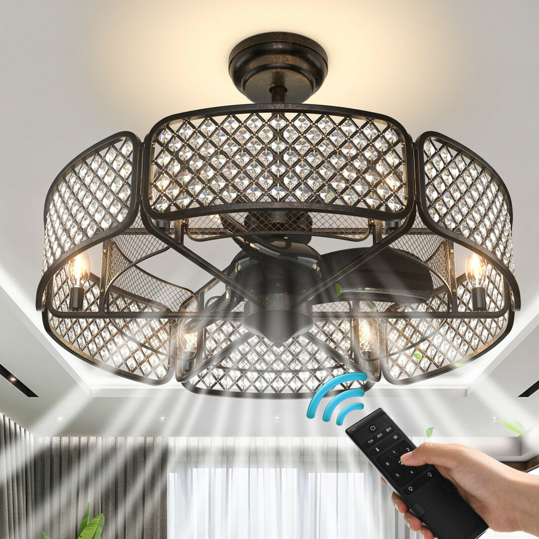 30 Caged Ceiling Fan With Light Crystal Lampshade 6 Light Bases Image 1