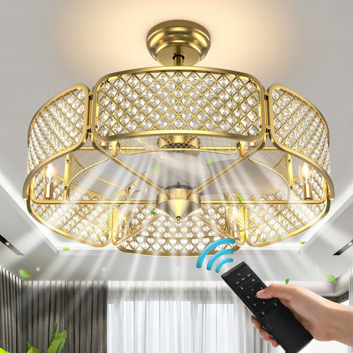 30 Caged Ceiling Fan With Light Crystal Lampshade 6 Light Bases Image 2