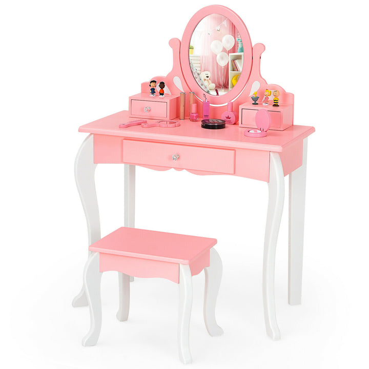 Kids Vanity Princess Makeup Dressing Table Stool Set W/ Mirror Drawer Image 1