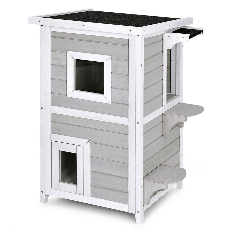 2-Tier Wooden Cat House Outdoor Kitty Shelter w/ Escape Door Rainproof Image 1