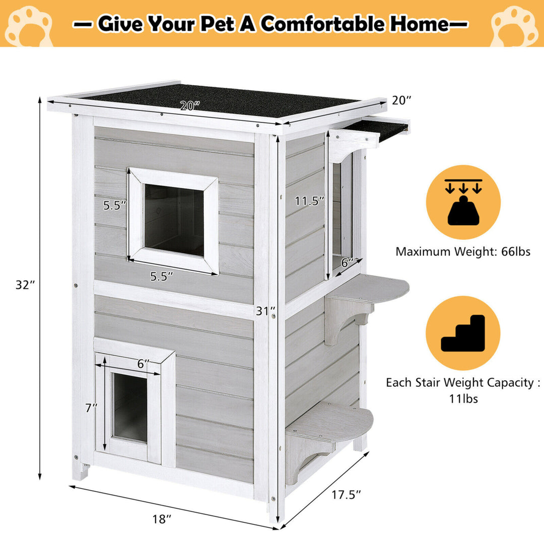 2-Tier Wooden Cat House Outdoor Kitty Shelter w/ Escape Door Rainproof Image 2