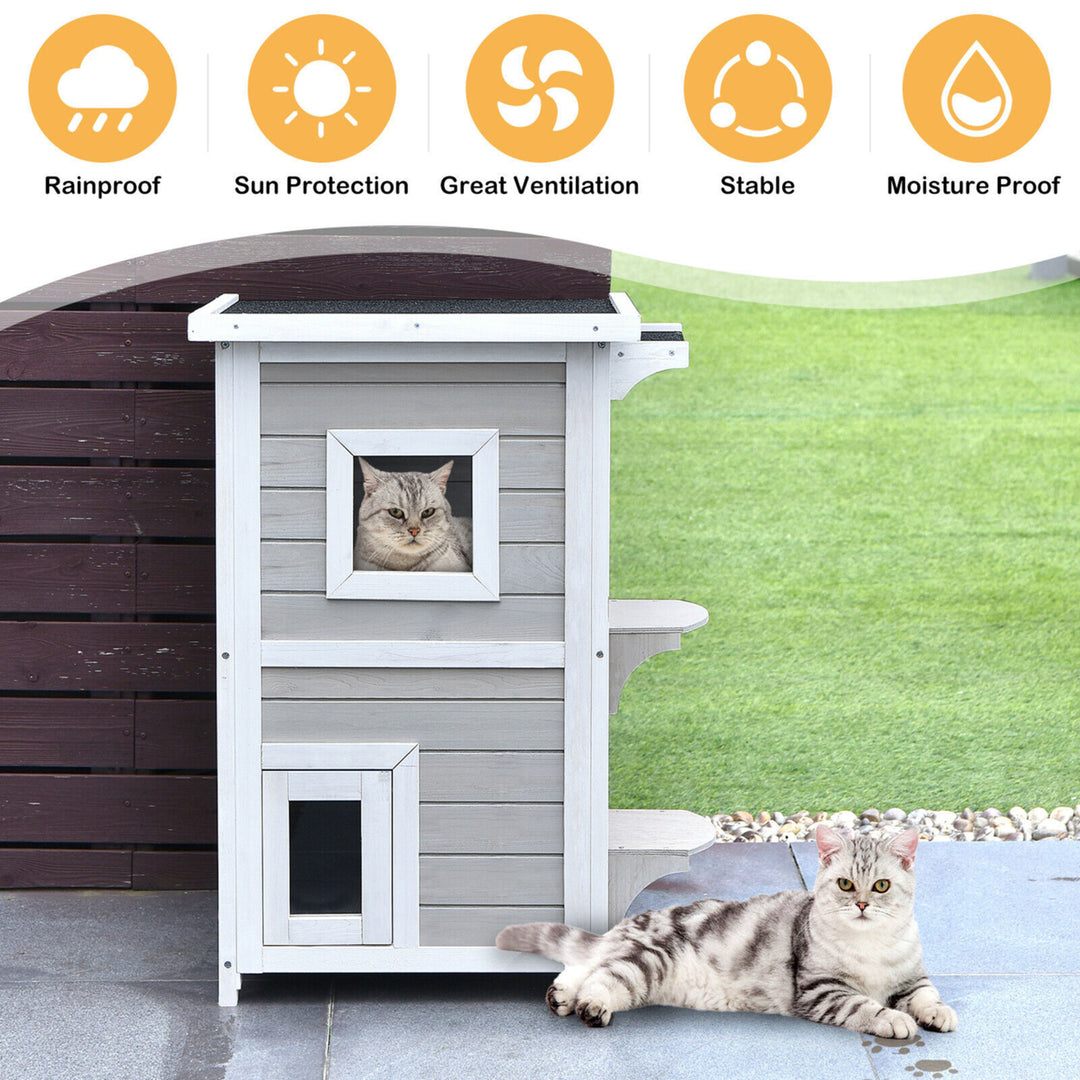 2-Tier Wooden Cat House Outdoor Kitty Shelter w/ Escape Door Rainproof Image 4