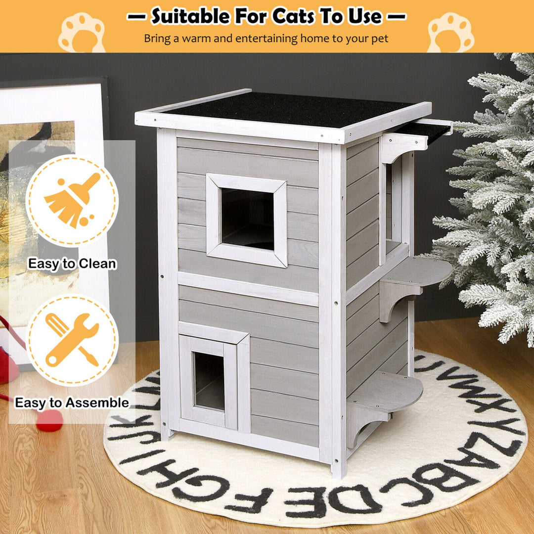 2-Tier Wooden Cat House Outdoor Kitty Shelter w/ Escape Door Rainproof Image 5