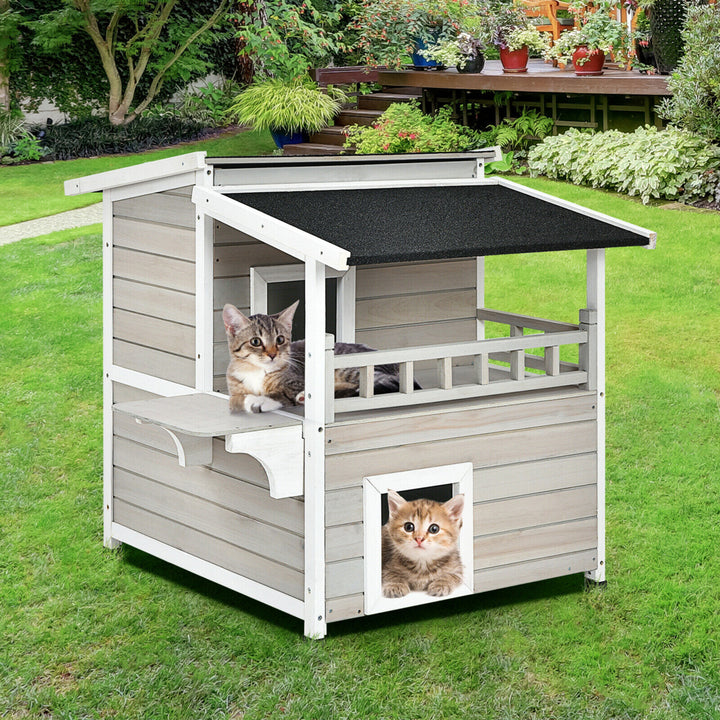 2-Story Wooden Patio Luxurious Cat Shelter House Condo w/ Large Balcony Image 3