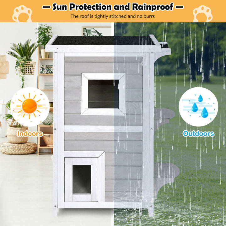 2-Tier Wooden Cat House Outdoor Kitty Shelter w/ Escape Door Rainproof Image 6