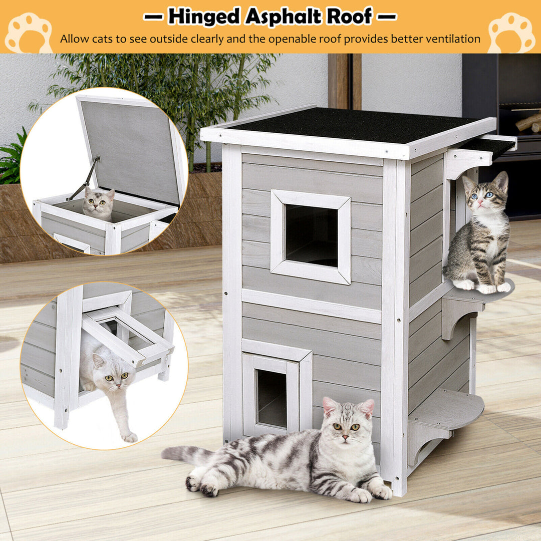 2-Tier Wooden Cat House Outdoor Kitty Shelter w/ Escape Door Rainproof Image 8