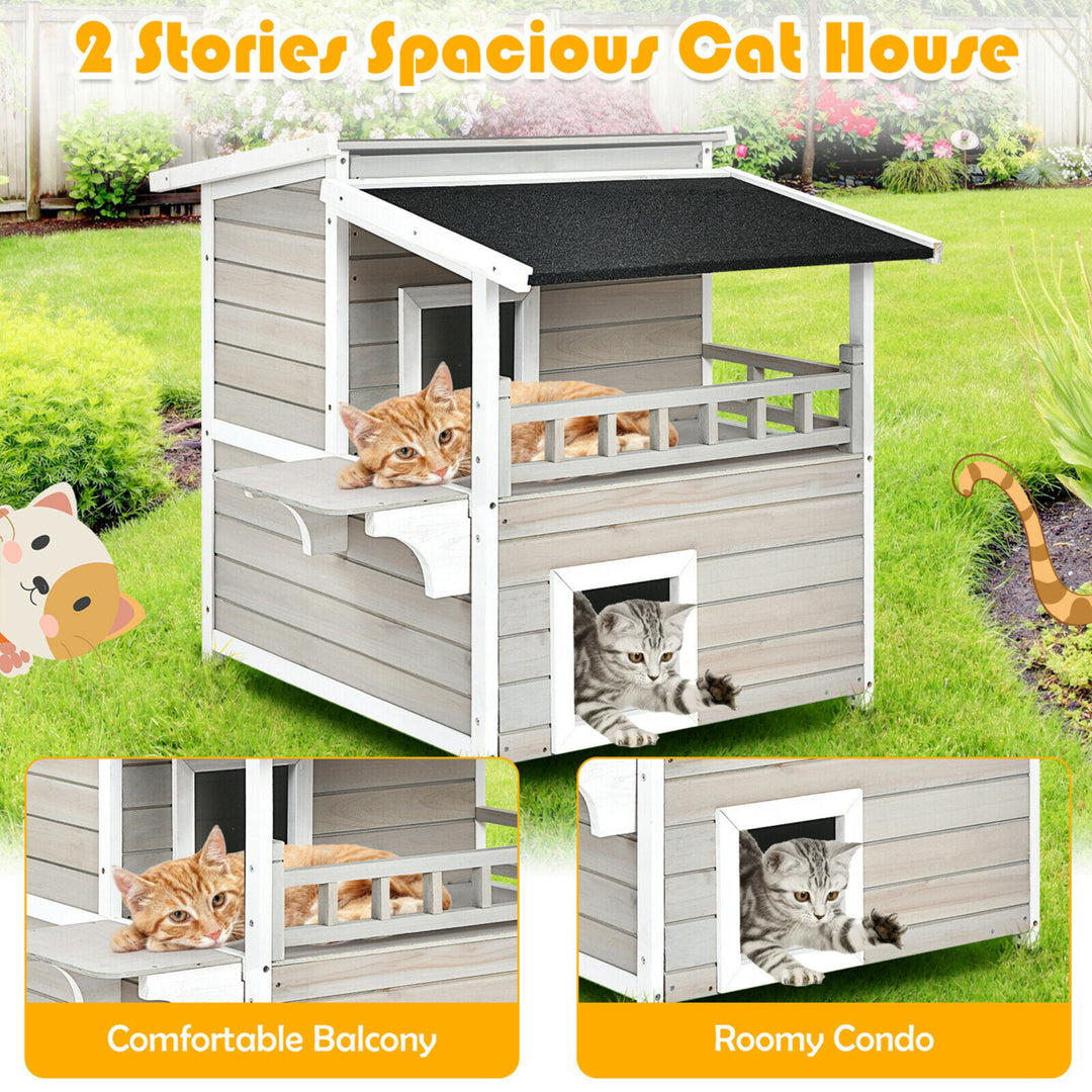 2-Story Wooden Patio Luxurious Cat Shelter House Condo w/ Large Balcony Image 6