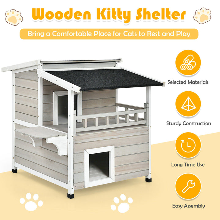 2-Story Wooden Patio Luxurious Cat Shelter House Condo w/ Large Balcony Image 7