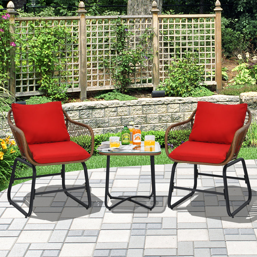 3PCS Outdoor Bistro Set Patio Conversation Furniture Set w/ Red Cushions Image 1