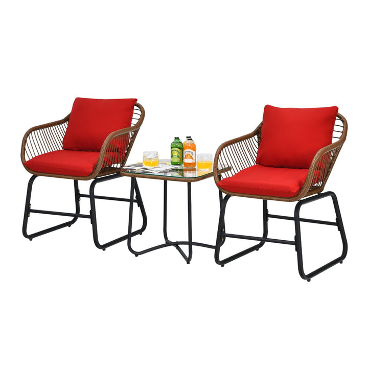 3PCS Outdoor Bistro Set Patio Conversation Furniture Set w/ Red Cushions Image 2