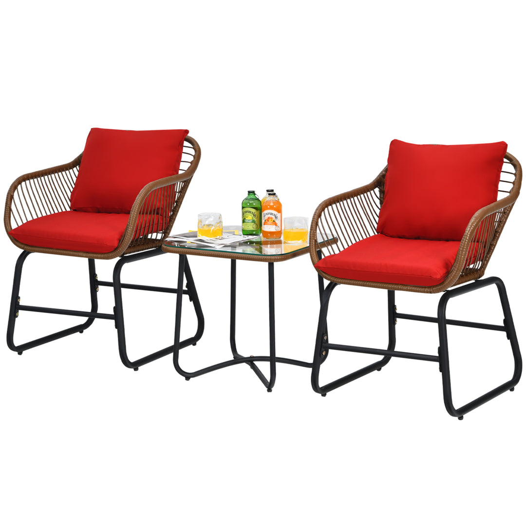 3PCS Outdoor Bistro Set Patio Conversation Furniture Set w/ Red Cushions Image 9