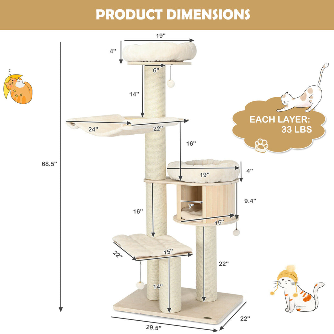 68.5 Cat Tree Condo 4-Layer Wooden Kitten Activity Tower w/ Sisal Posts Image 2