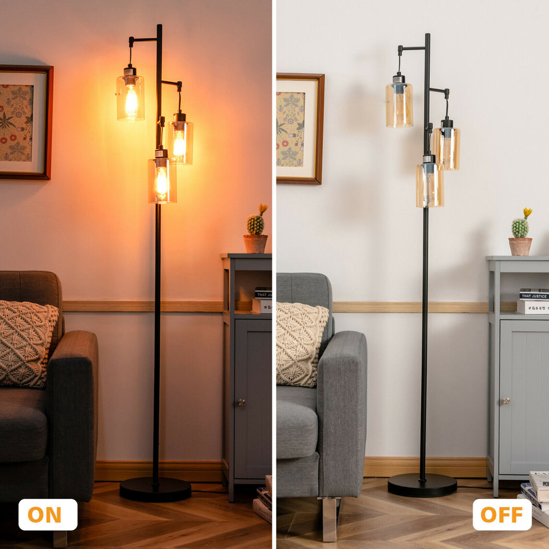 Freestanding Floor Lamp Retro Floor Lamp w/3-Head Hanging Amber Glass Shade Image 5