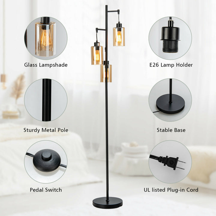 Freestanding Floor Lamp Retro Floor Lamp w/3-Head Hanging Amber Glass Shade Image 9