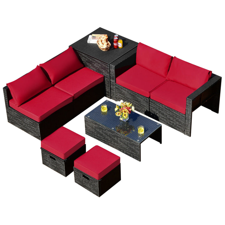 8PCS Rattan Patio Sectional Furniture Set w/ Waterproof Cover and Red Cushions Image 6