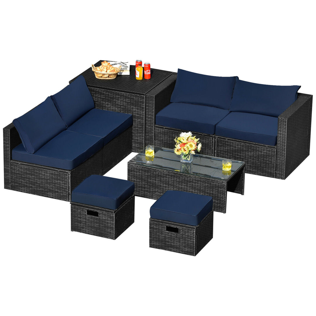 8PCS Rattan Patio Sectional Furniture Set w/ Waterproof Cover and Navy Cushions Image 6