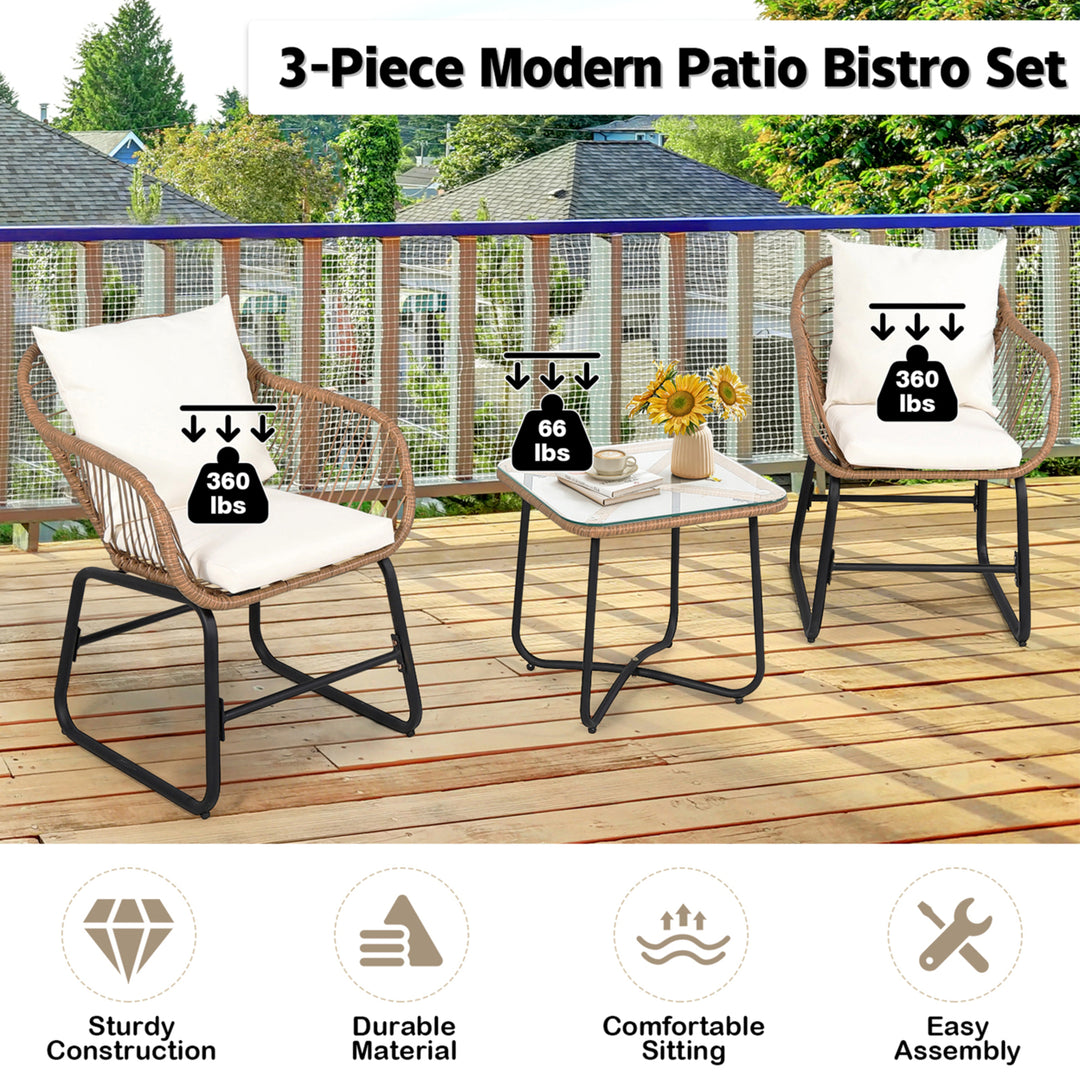 3PCS Outdoor Bistro Set Rattan Patio Conversation Set w/ Off White Cushions Image 4