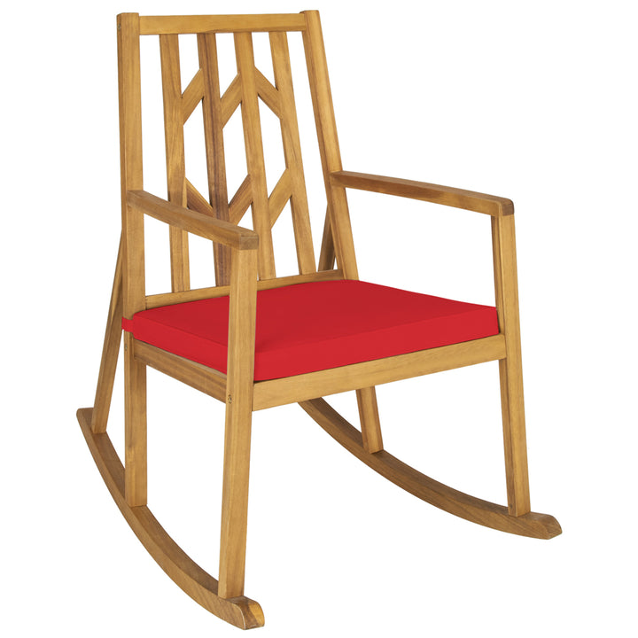 Outdoor Acacia Wood Rocking Chair Wooden Patio Rocker w/ Red Cushion Image 1