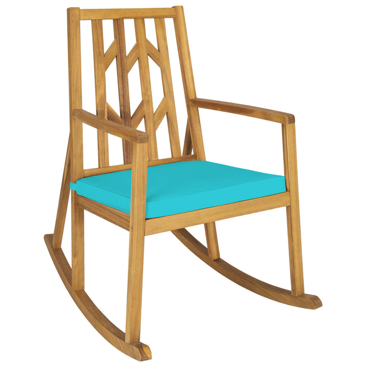 Outdoor Acacia Wood Rocking Chair Wooden Patio Rocker w/ Turquoise Cushion Image 1