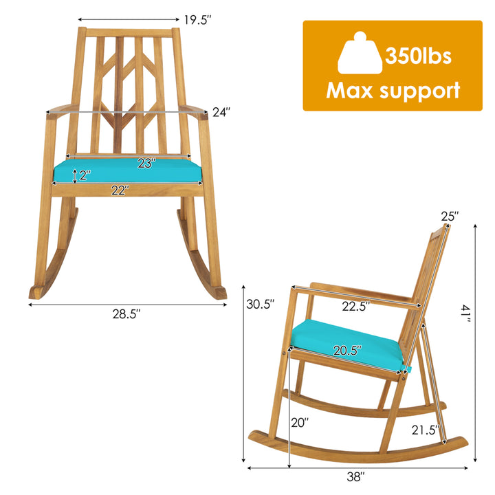 Outdoor Acacia Wood Rocking Chair Wooden Patio Rocker w/ Turquoise Cushion Image 2