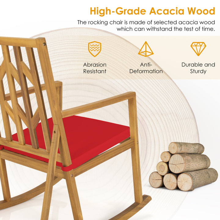 Outdoor Acacia Wood Rocking Chair Wooden Patio Rocker w/ Red Cushion Image 3