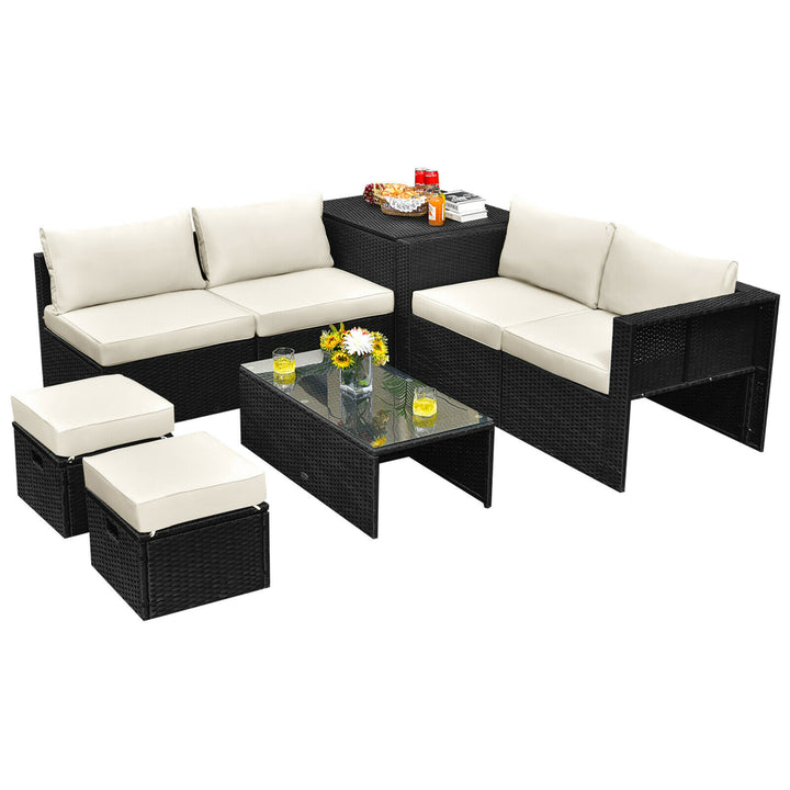 8PCS Rattan Patio Sectional Furniture Set w/ Waterproof Cover and Off White Cushions Image 7