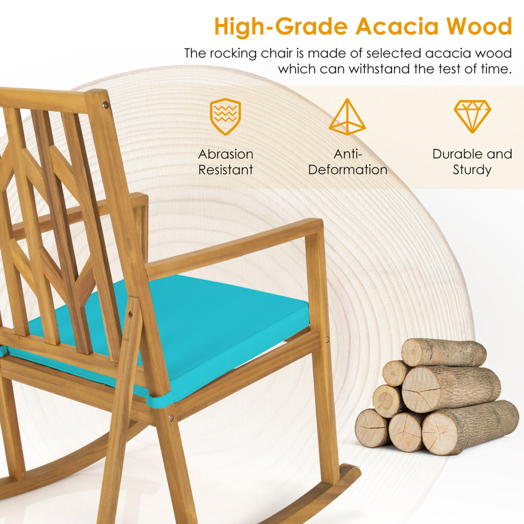 Outdoor Acacia Wood Rocking Chair Wooden Patio Rocker w/ Turquoise Cushion Image 3