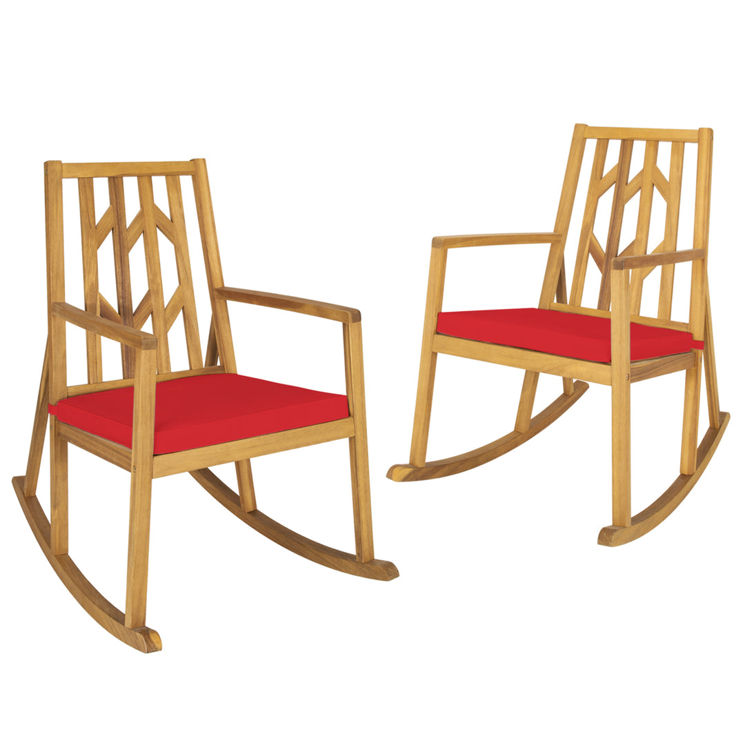 Set of 2 Outdoor Acacia Wood Rocking Chair Wooden Patio Rocker w/ Red Cushion Image 1