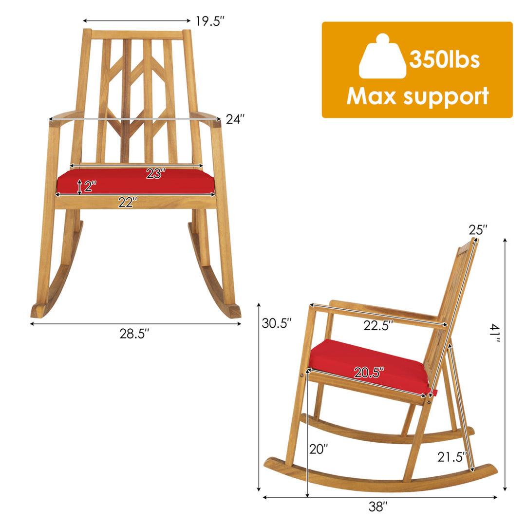 Set of 2 Outdoor Acacia Wood Rocking Chair Wooden Patio Rocker w/ Red Cushion Image 2