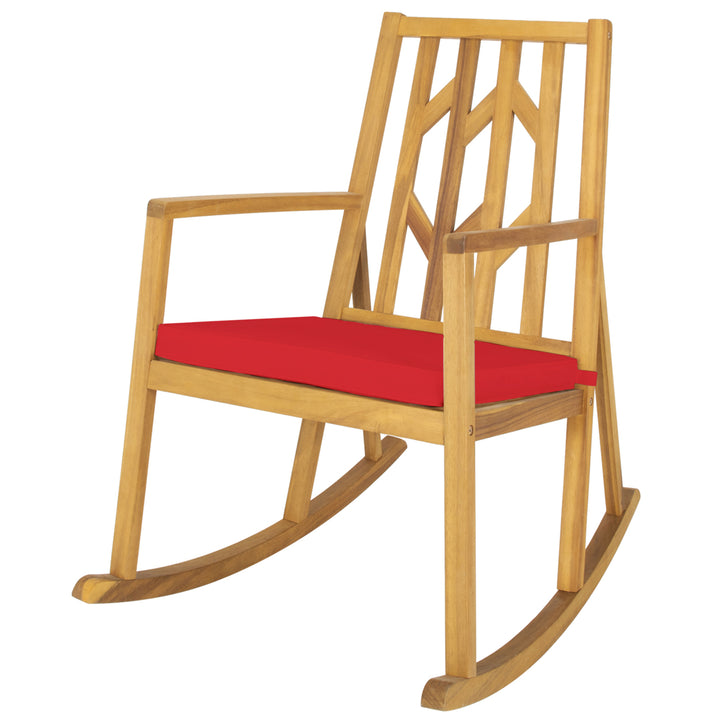 Outdoor Acacia Wood Rocking Chair Wooden Patio Rocker w/ Red Cushion Image 6