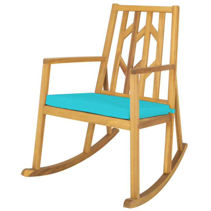 Outdoor Acacia Wood Rocking Chair Wooden Patio Rocker w/ Turquoise Cushion Image 6