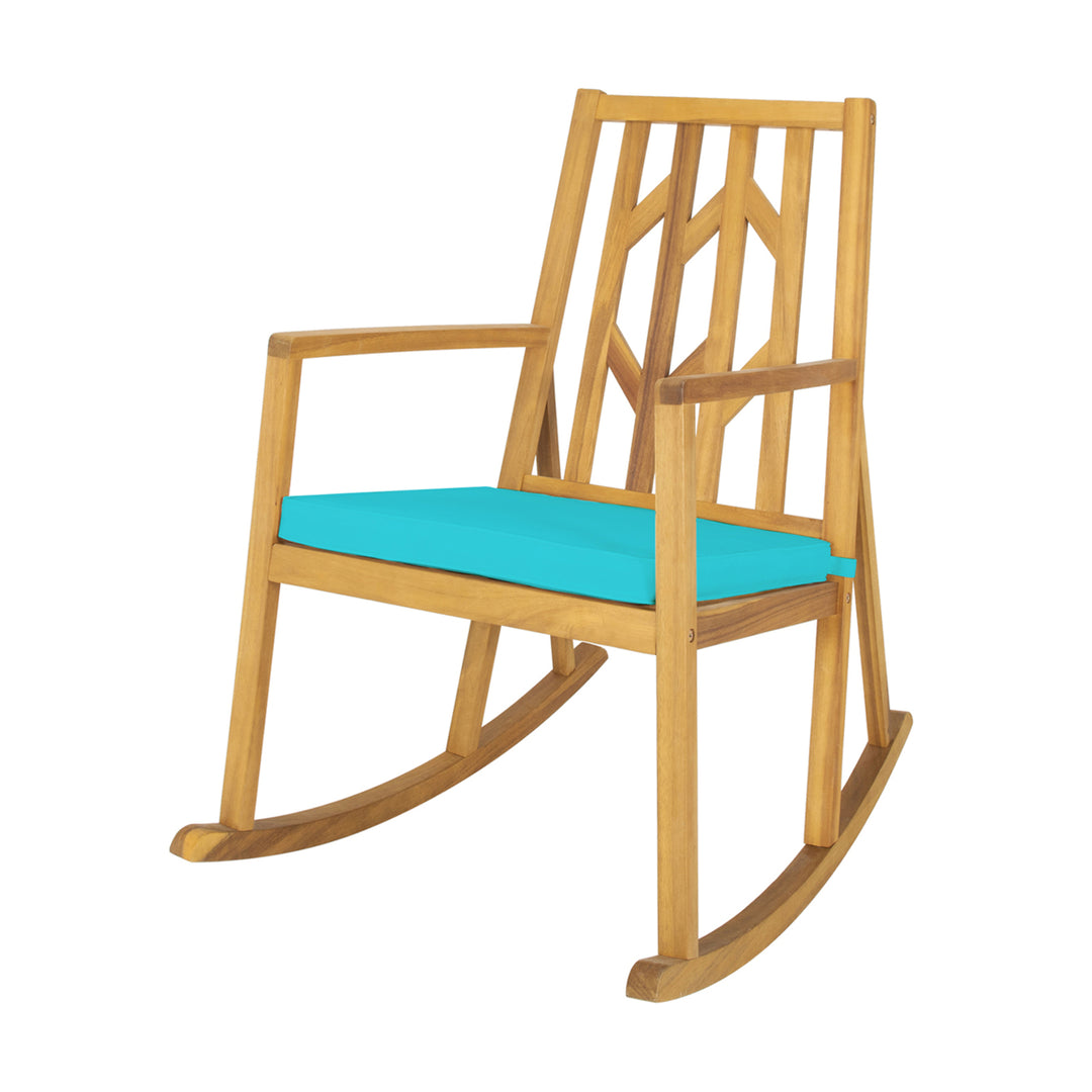 Outdoor Acacia Wood Rocking Chair Wooden Patio Rocker w/ Turquoise Cushion Image 7